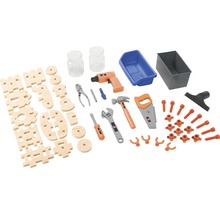 Set de scule de jucărie cu ciocan, șurubelniță, cheie, clește, șuruburi, piulițe, ferăstrău, burghiu și blocuri de construcție