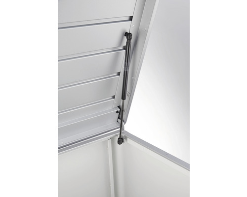 Imagine detaliată a unei cutii metalice de grădină deschise, cu arc pe gaz