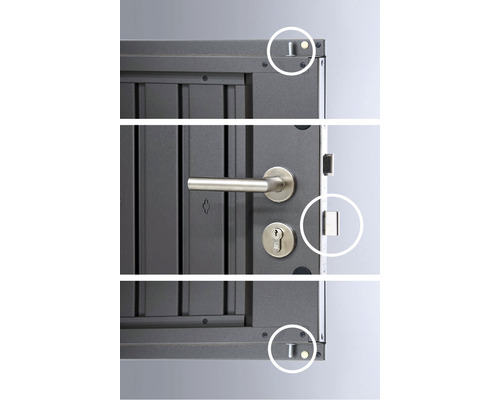 Imagine detaliată a unei uși cu mâner, broască și puncte de blocare