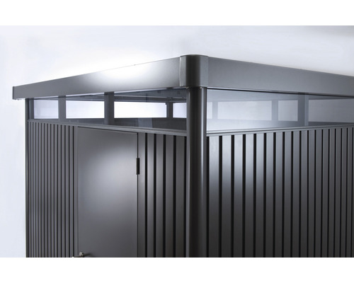 Prim-plan cu o magazie de grădină cu ușă și elemente de sticlă în partea superioară