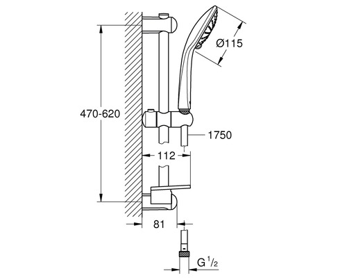 Desen tehnic al unei bare de duș cu duș de mână și indicații de dimensiuni
