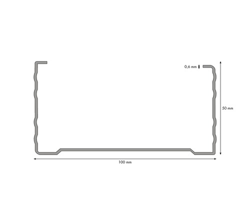 Desen tehnic al unui profil metalic cu dimensiunile de 100 mm x 50 mm și o grosime de 0,6 mm.