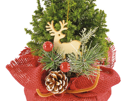 Decoratiune de Craciun cu brad, ren din lemn, conuri de pin si bile