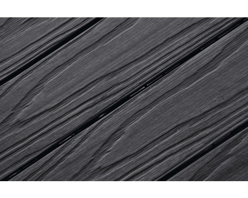 Vizualizare detaliată a scândurilor de terasă gri cu structură lemnoasă