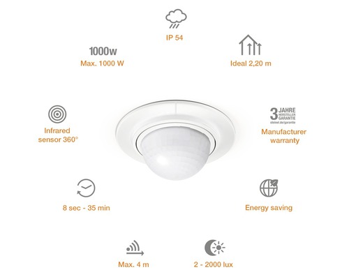 Detector de mișcare interior cu senzor infraroșu de 360 de grade și datele tehnice: IP 54, maximum 1000 wați, ideal 2,20 metri, 8 secunde până la 35 de minute, rază maximă de 4 metri, 2 până la 2000 lux și garanție de 3 ani de la producător.