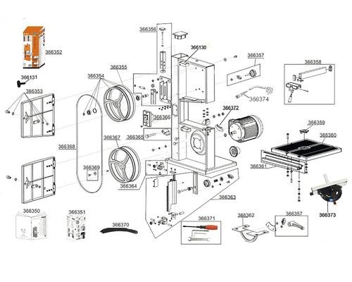 Desen explodat al unui fierăstrău cu bandă cu piese individuale și accesorii