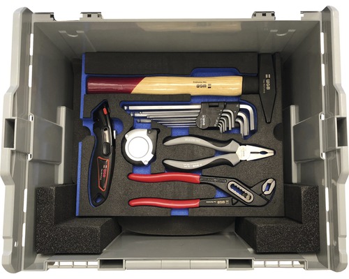 Valiză cu scule cu ciocan, chei, clești, ruletă și cutter