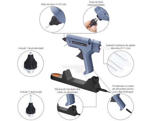Pistol de lipit cu diferite duze și batoane de lipici