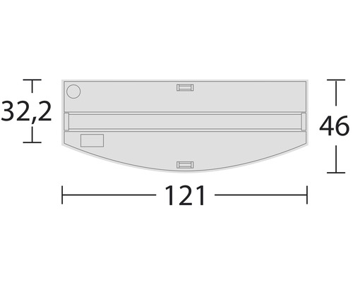 Desen tehnic cu dimensiunile unui capac: 121 cm lățime, 46 cm înălțime și 32,2 cm adâncime.