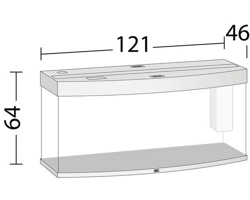 Acvariu cu dimensiuni: 121 cm lungime, 46 cm lățime, 64 cm înălțime