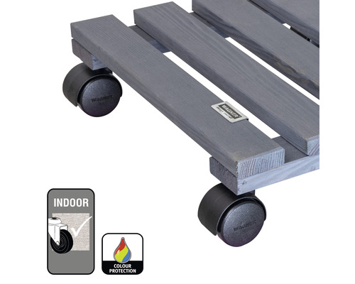 Suport pentru plante din lemn cu roți și simbol pentru utilizare în interior și protecție a culorii.