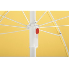 Detaliu umbrelă de soare cu material galben și cadru alb