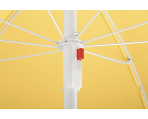 Detaliu umbrelă de soare cu material galben și cadru alb