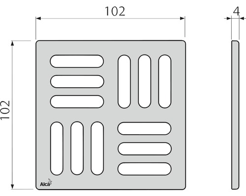 Set de scurgere pătrat cu fante și dimensiuni de 102 x 102 x 4 mm.