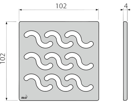 Placă pătrată cu decupaje ondulate și dimensiunile 102 x 102 x 4 mm.