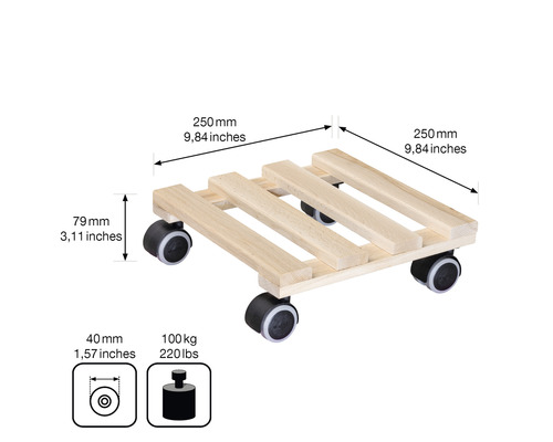 Suport cu rotile din lemn, cu dimensiunile de 250 x 250 milimetri și o capacitate maximă de încărcare de 100 de kilograme.