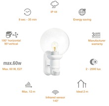 Aplică exterior Steinel L560S E27 max. 1x60W, senzor de mișcare, IP44, albă
