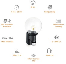 Lumină de exterior cu senzor de mișcare, IP 44, economie de energie