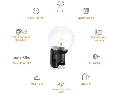 Lumină de exterior cu senzor de mișcare, IP 44, economie de energie