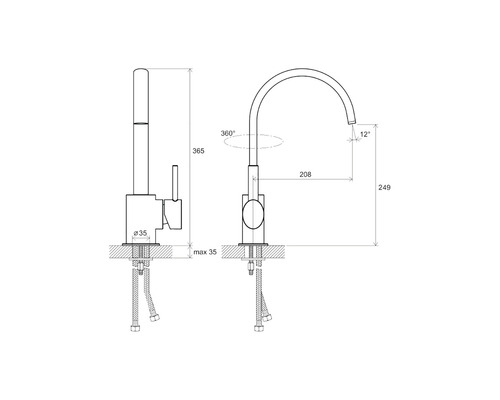 Desen tehnic al unui robinet de bucătărie cu dimensiuni