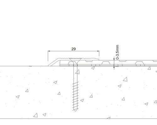 Desen tehnic al unui profil de tranziție cu fixare prin șurub, dimensiuni 29 milimetri și 0 până la 3,5 milimetri