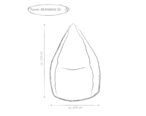 Schiță a unui puf în format XL cu dimensiunile de aproximativ 110 cm înălțime și aproximativ 70 cm diametru