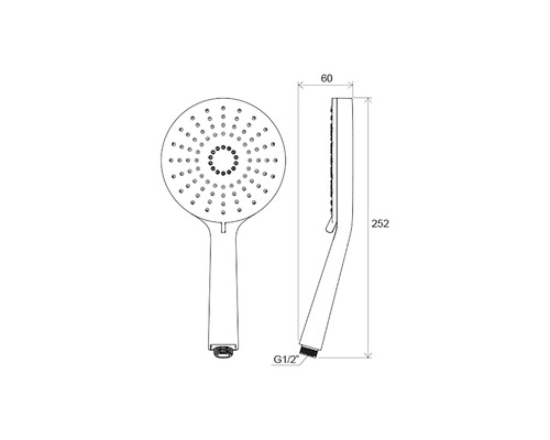 Desen tehnic cu o pară de duș de mână cu dimensiuni