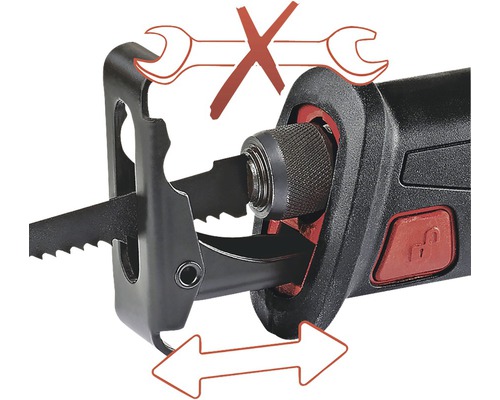 Prim-plan cu un ferăstrău sabie care prezintă schimbarea lamei fără scule și mișcarea orbitală reglabilă