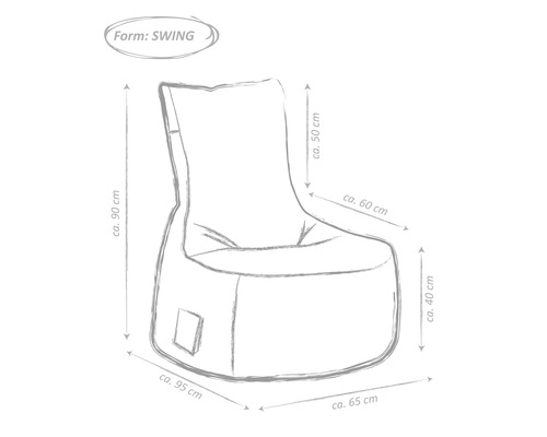 Schiță a unui sac de scaun fotoliu cu dimensiunile de 95 cm x 90 cm x 65 cm x 50 cm x 60 cm x 40 cm în formă de Swing
