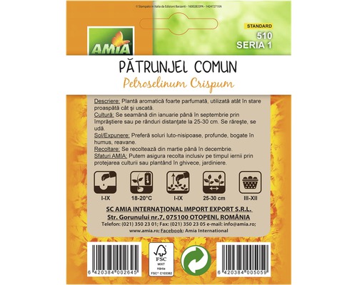 Pachet cu semințe de pătrunjel, cu informații despre cultivare și recoltare