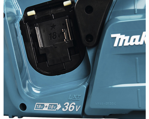 Logo Makita pe un ferăstrău cu lanț cu acumulator cu compartiment pentru baterie de 36 de volți