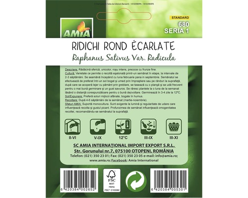 Pachet de semințe de ridichi Amia, soiul Rond Écarlate