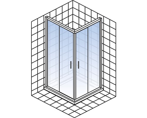 Cabină de duș pe colț cu două uși și faianță pătrată pe perete și pe podea