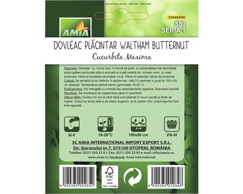 Pachet de semințe de dovleac Amia Waltham Butternut