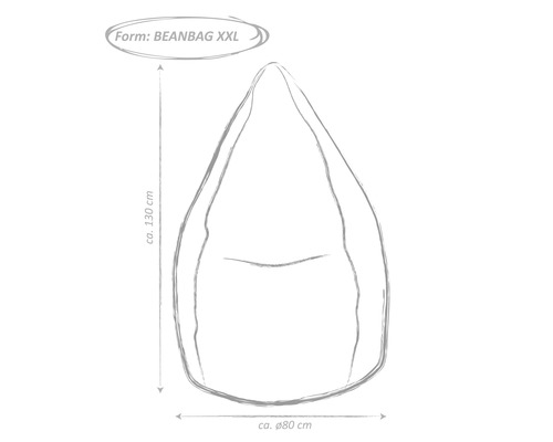 Schiță a unui beanbag în formă XXL cu o înălțime de aproximativ 130 cm și un diametru de aproximativ 80 cm.