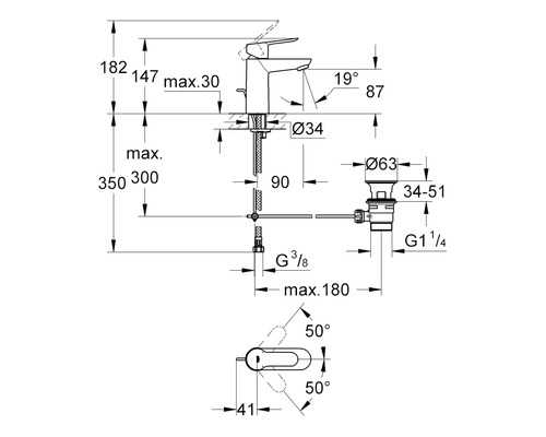 Desen tehnic al unui robinet cu detalii despre înălțime, proiecție și conexiuni.