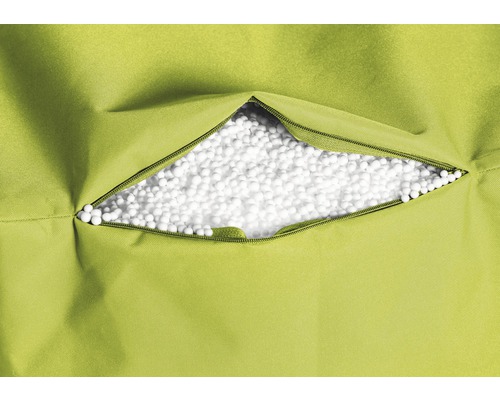 Puf verde cu fermoar deschis și umplutură de bile albe de polistiren