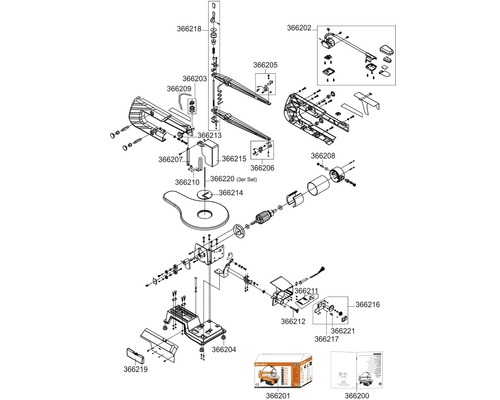 Diagramă explodată a unui fierăstrău de traforaj cu componentele individuale asociate.