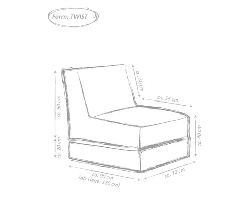 Schiță a unui fotoliu cu formă Twist și dimensiuni