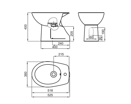 Desen tehnic al unui bideu cu dimensiuni
