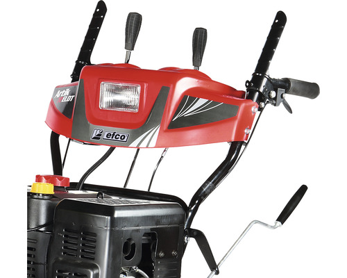 Imagine detaliată a unei freze de zăpadă cu comenzi, far și logo Efco.