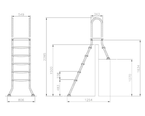 Desen tehnic al unei scări de piscină cu dimensiuni