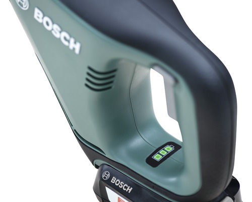 Prim-plan al unui aspirator Bosch cu indicator de baterie