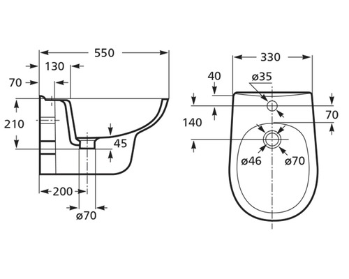 Desen tehnic al unui WC suspendat cu dimensiuni
