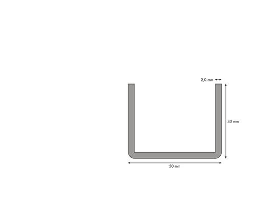 Profil U cu dimensiunile de 50 mm lățime, 40 mm înălțime și 2 mm grosime material