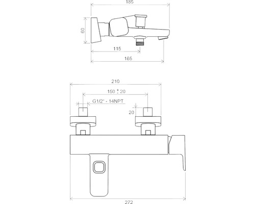 Desen tehnic al unui robinet de perete cu dimensiuni.