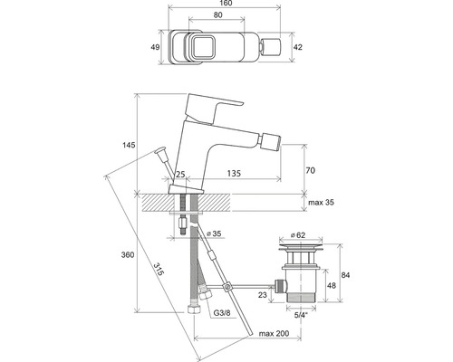 Desen tehnic al unei baterii de chiuvetă cu dimensiuni