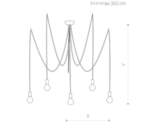 Schiță a unei lămpi suspendate cu șase becuri și lungime variabilă a cablului