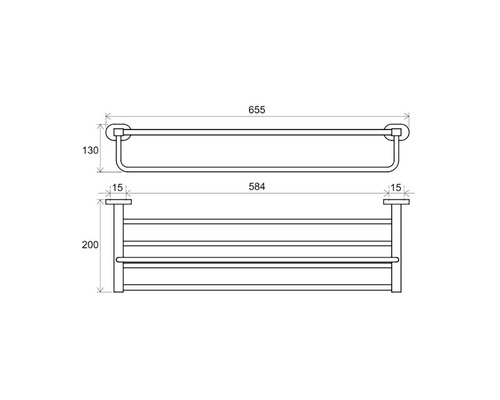 Desen tehnic al unui suport pentru prosoape cu raft și dimensiuni.
