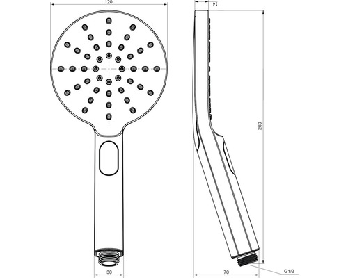 Desen tehnic al unui cap de duș cu dimensiuni